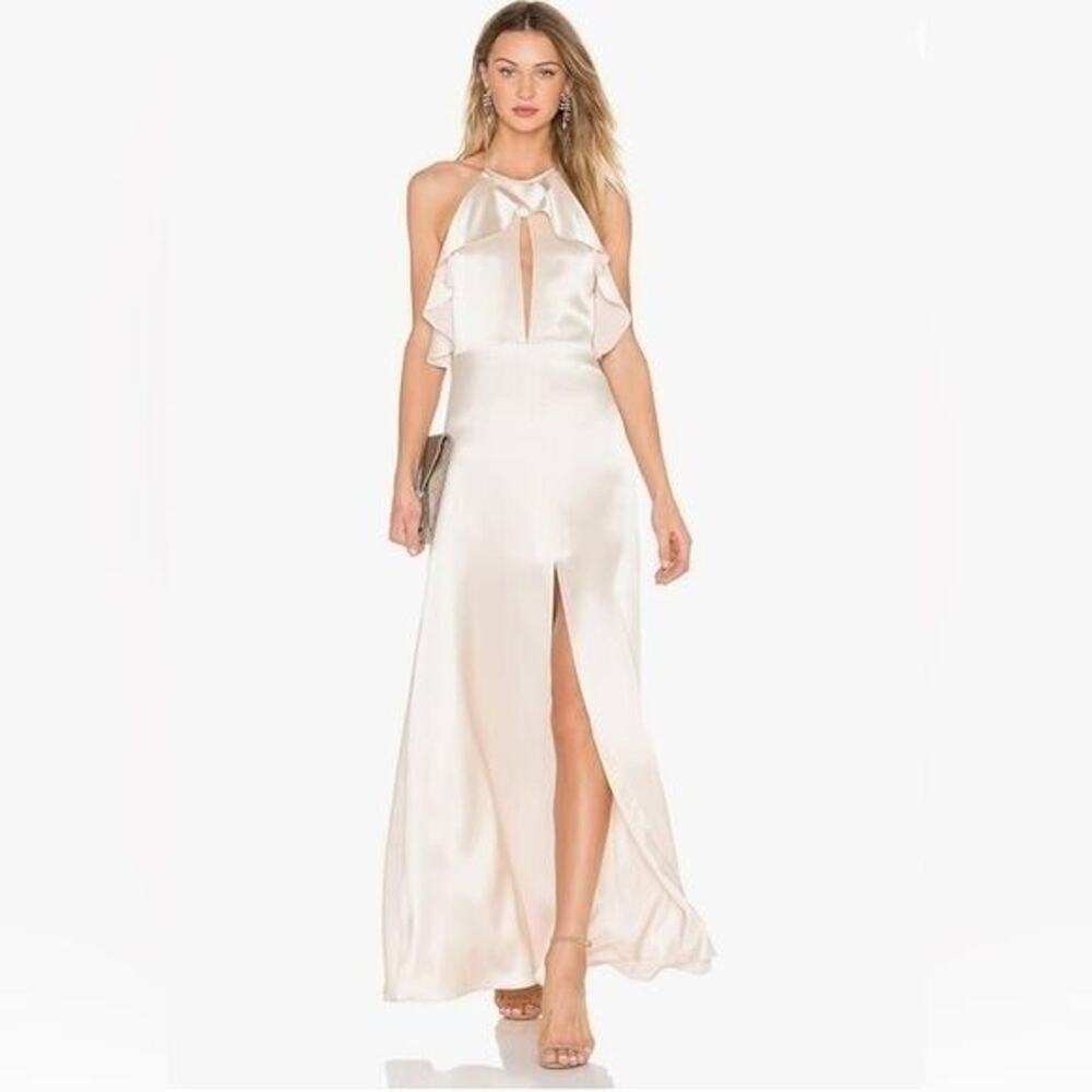New Jill Stuart Ruffle Halter Gown, ivory, 6 Satin bridesmaid long high slit